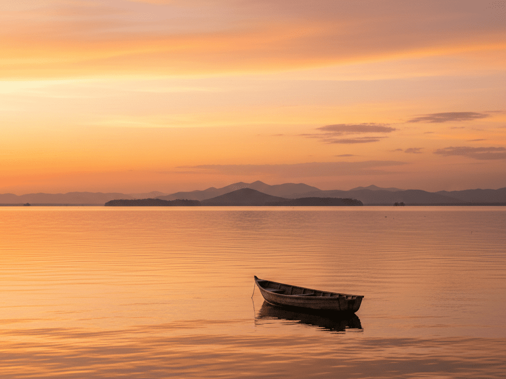 Small wooden fishing boat drifting across calm waters of Lake Victoria at sunset with layered islands in the distance.