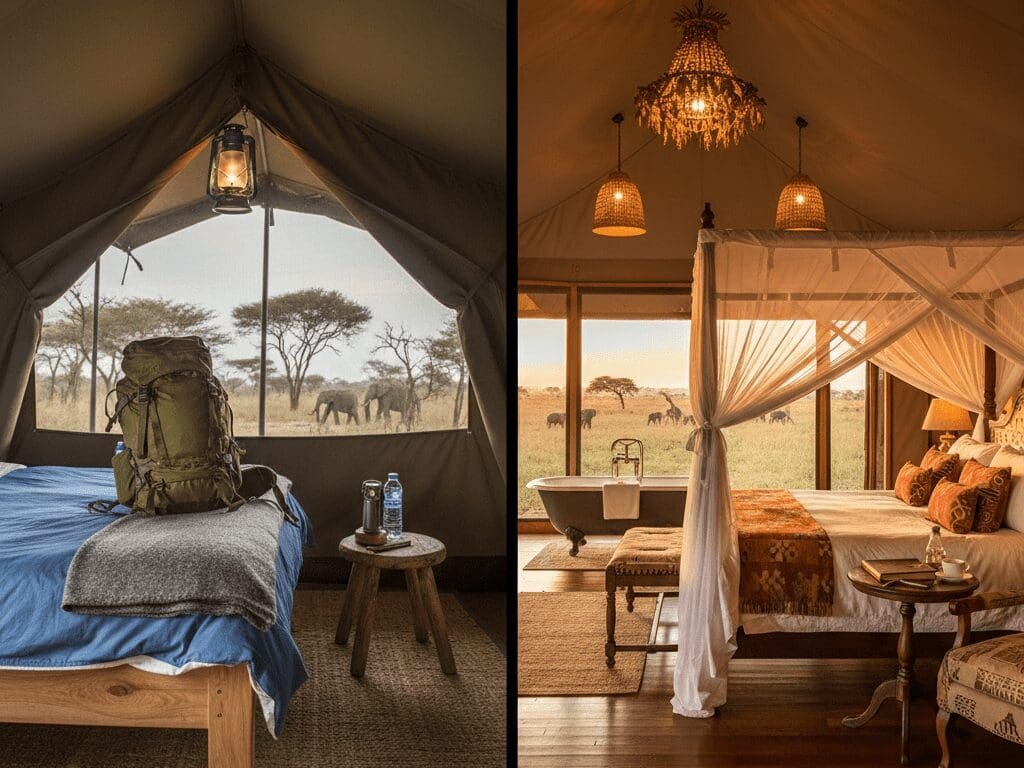 Side-by-side comparison of budget and luxury accommodations in East Africa, showing a simple safari tent versus a high-end private lodge with savannah views.