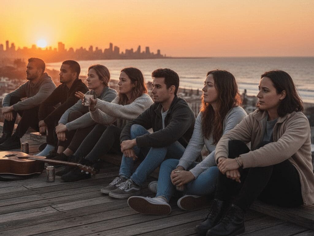 A group of young adults sitting together at sunset, looking toward the horizon, reflecting on friendship and the future.