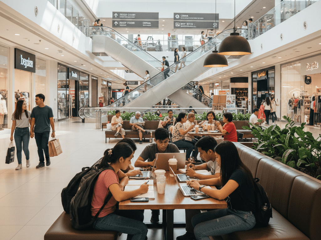 Wide-angle view inside a modern Manila mall showing students studying, a family eating at a food court, a couple walking past shops, and elderly people resting near escalators and directional signs.