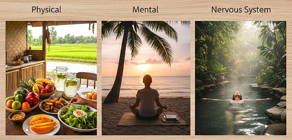 A three-panel infographic illustrating the pillars of a Philippines-inspired detox. The first panel shows a vibrant spread of tropical fruits and salads against a lush green rice field (Physical); the second shows a woman meditating on a beach at sunset (Mental); the third shows a person soaking in a misty, sun-drenched forest hot spring (Nervous System).