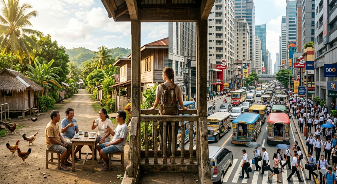 Traveler on a rooftop observing the contrast between a peaceful Philippine provincial street and the bustling Manila cityscape with skyscrapers, vehicles, and people.