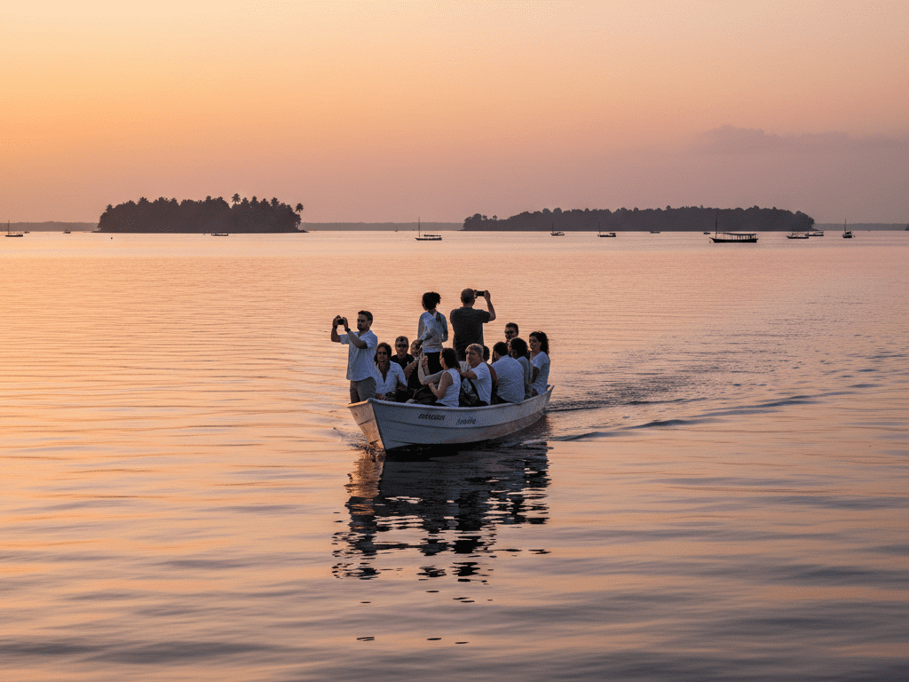 Small motorboat gliding across Lake Victoria at sunset as passengers take photos of the golden water.