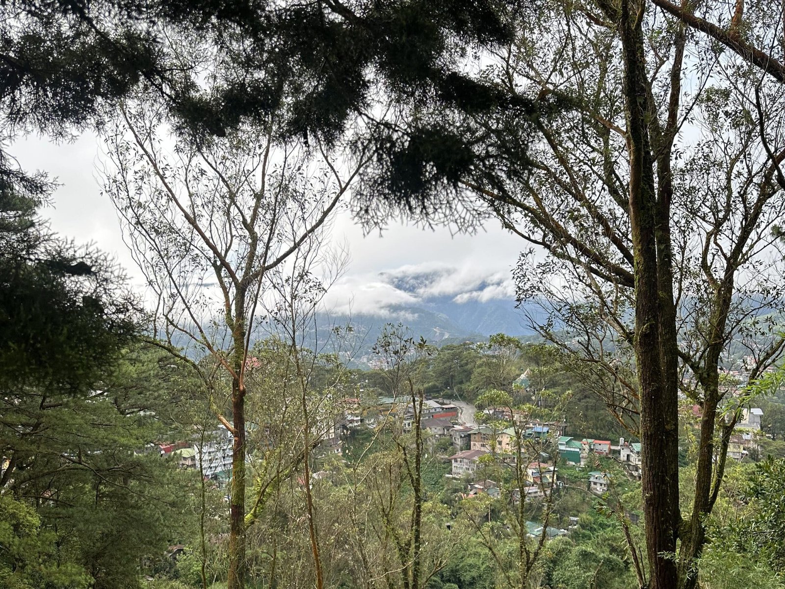 Panoramic view of Baguio City from an elevated viewpoint, showing layered mountain hills and pine-covered slopes
