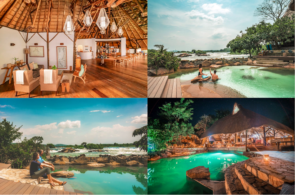 A four-image collage of Lemala Wildwaters Lodge showing a luxury wooden interior with high thatched ceilings, a couple relaxing by a turquoise pool overlooking river rapids, and the lodge illuminated at night.
