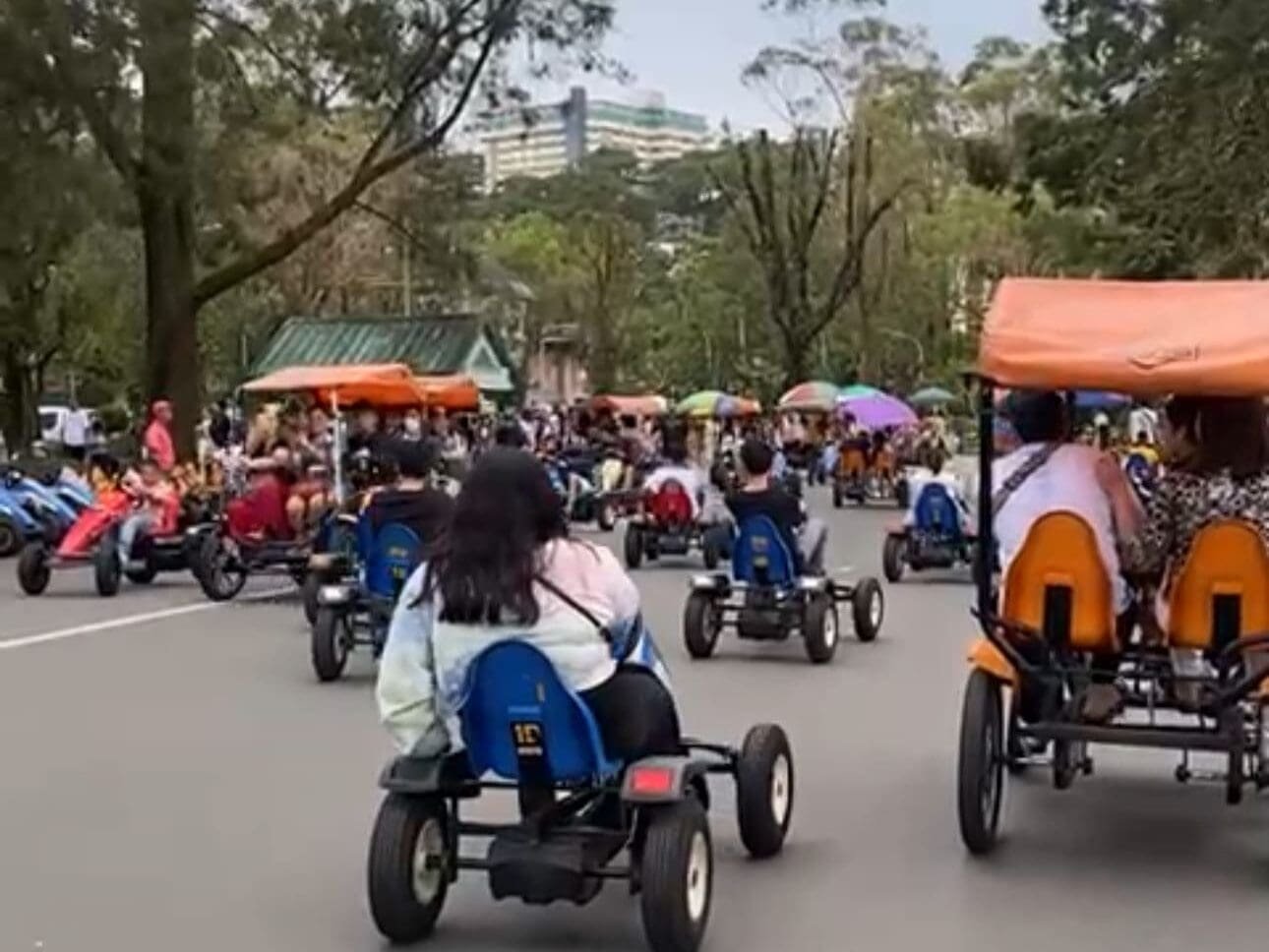 Tourists riding bikes along the tree-lined paths of Burnham Park in Baguio City