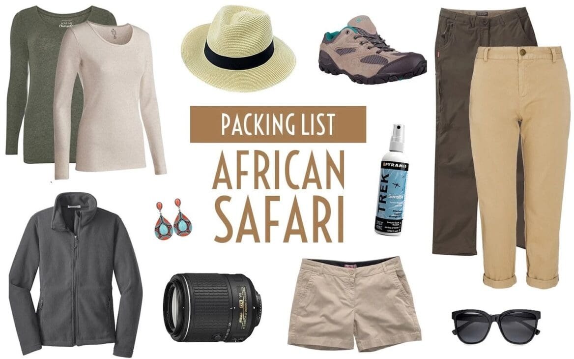 Safari travel essentials packed for Maasai Mara travel, including binoculars, camera, and sun protection.