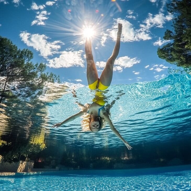 A sun-drenched underwater shot of a woman floating peacefully in clear blue water, her reflection shimmering on the surface as the bright tropical sun beams through from above.