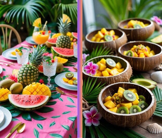 Colorful tropical fruit spread with fresh mango, pineapple, watermelon, and coconut bowls, styled on a vibrant table with greenery and island décor.