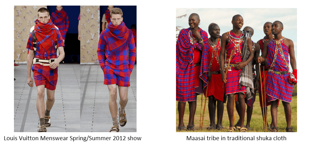Left: Two male models in Louis Vuitton Spring/Summer 2012 red-and-blue checkered outfits with scarves on a runway. Right: Maasai men in traditional red and blue shuka cloths with beaded jewelry and staffs outdoors.