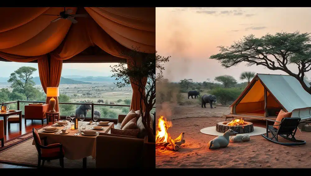 A side-by-side comparison of budget travelers exploring East Africa and luxury safari guests in a private lodge, highlighting different travel experiences.