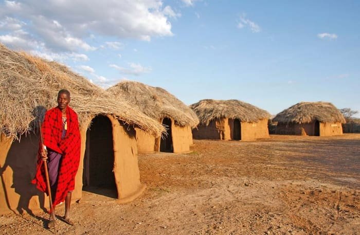 A Maasai village with mud huts and thatched roofs at dawn; a man in traditional clothing stands near one hut as the encircling enkang and cattle life frame the scene.