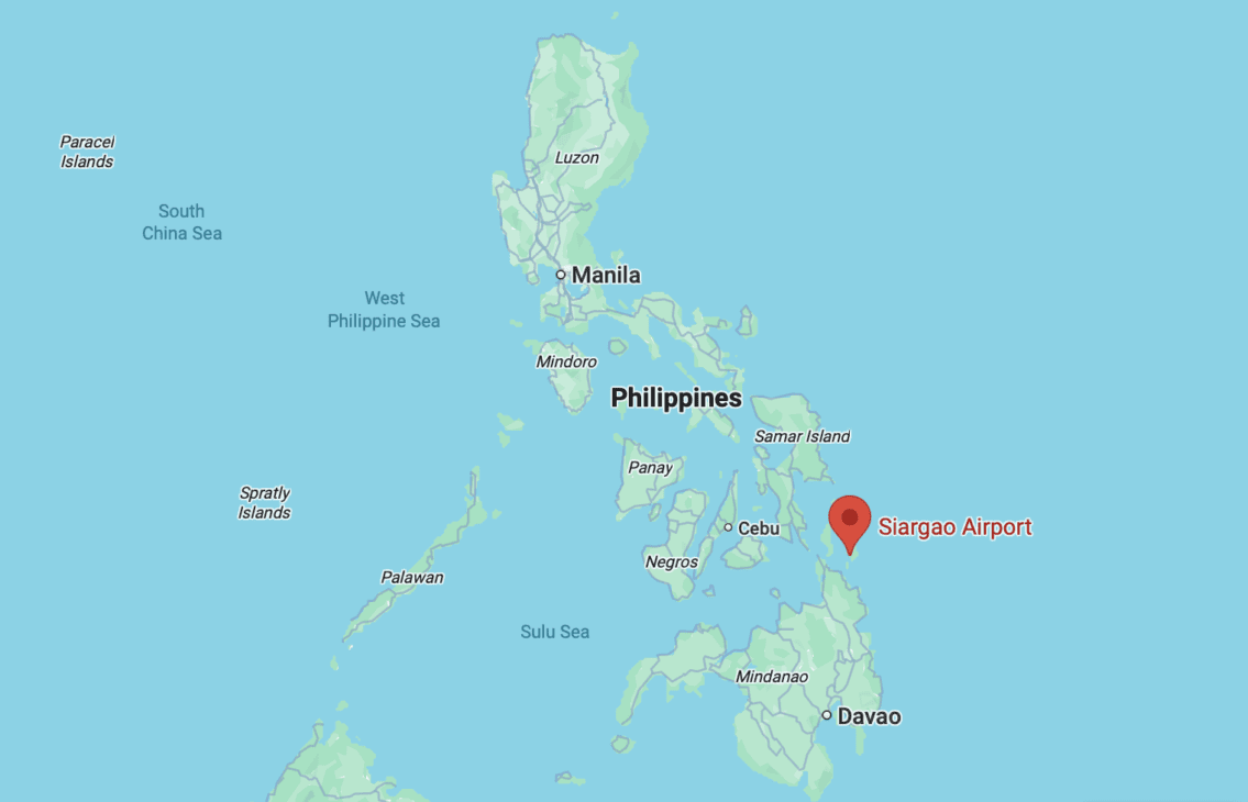 Map of the Philippines showing major islands (Luzon, Mindanao, Visayas) with a red location marker at Siargao Airport, surrounded by a blue sea and green landmasses.