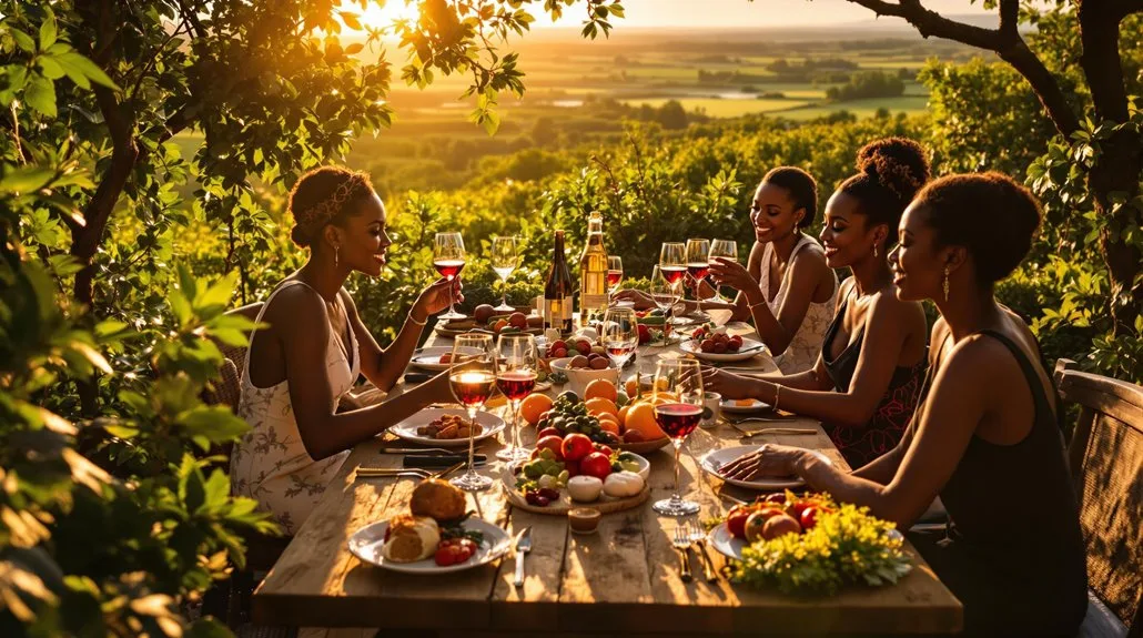 A group of five women enjoying a communal outdoor dinner at a long wooden table filled with fresh fruits, wine, and organic dishes, set against a golden sunset and a lush, expansive valley view.