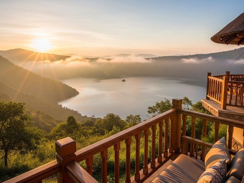 A wide cinematic sunrise over a serene crater lake in Uganda with golden light reflecting on the water, mist rising from the surface, and a luxury wooden lodge balcony in the foreground.