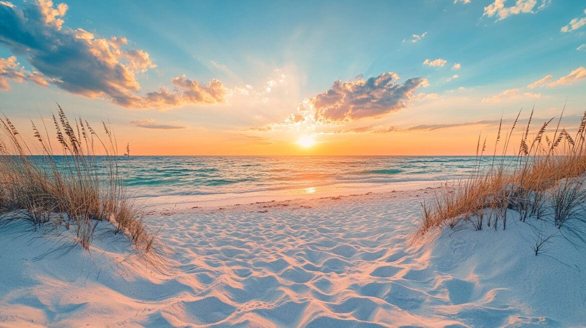 Sunset over a calm sea with orange-pink sky, white sandy beach, and beach grasses in the foreground.